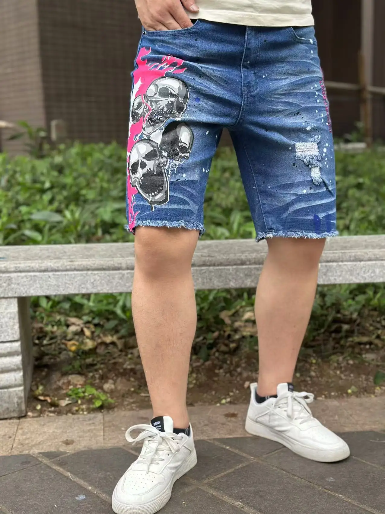 Y2K 독특한 악마 패턴의 패셔너블한 남성용 짧은 데님 팬츠 여름 베스트셀러 3가지 스타일 중에서 선택 가능