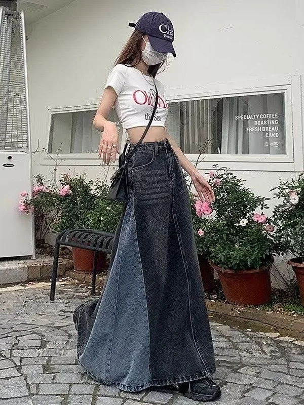 American Retro Denim Halter Skirt Women's Long Skirt Summer Mid-Length Design Sensation High Waist Slim A-Line Umbrella...