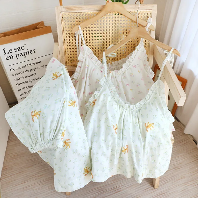 

Cotton Double-layer Gauze Pajamas Sling Tops with Chest Pads for Women Summer Thin Cropped Pants Cute Home Clothes