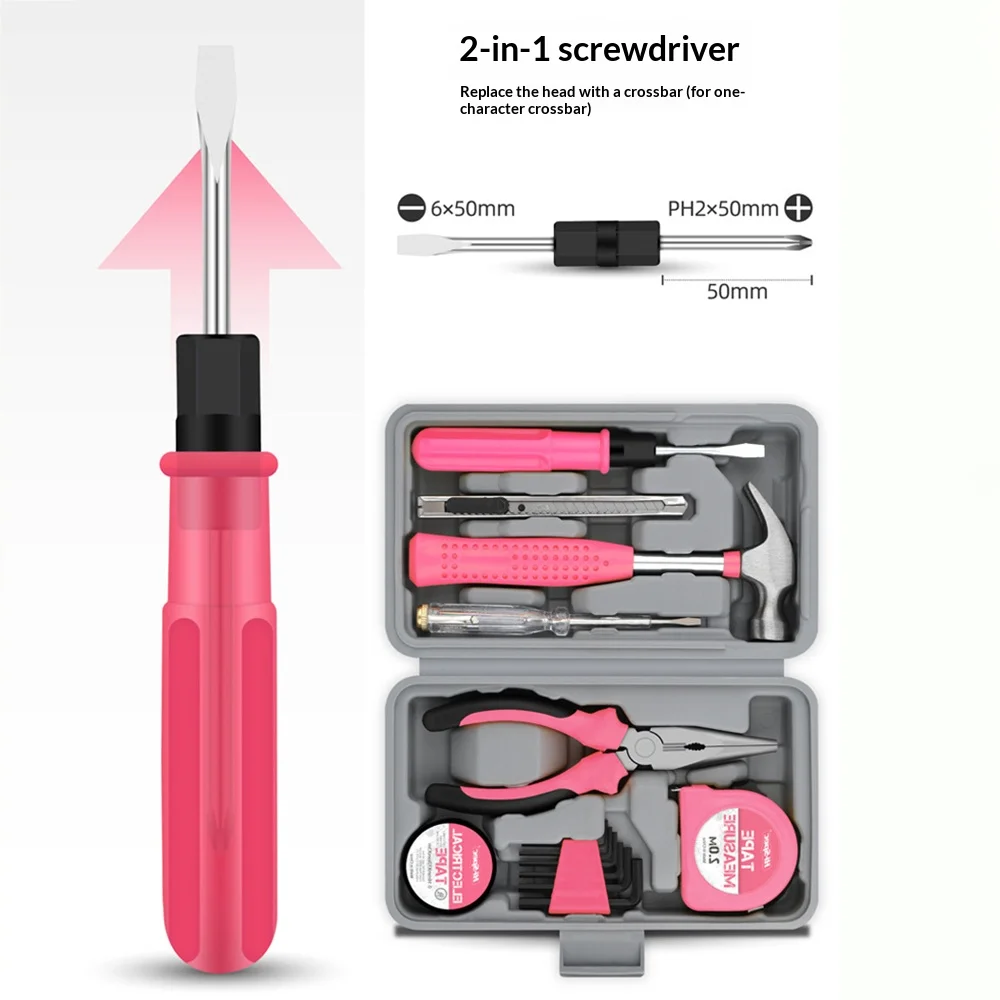 13pcs/set Pink Household Repair Tool Set Tools with Pliers Hammer Screwdriver for Home Garage Use Home Storage Toolbox