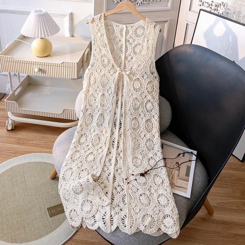 

Boho Crochet Cardigan Romantic Floral Geometric Lace Cover-Up Vacation Daily Wear Button-Up Knit Sun Shirts Beach Sunscreen Tops