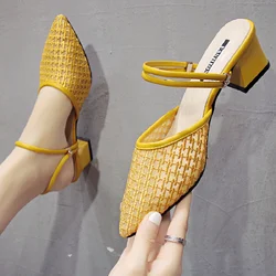 2023 Summer Sexy Pointed Toe Sandals Thin Strap Mulles White Yellow Women Shoes Elegant Women Fashion Square Heels Slippers