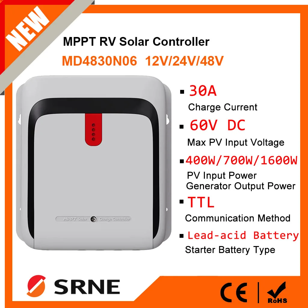 

SRNE RV Solar Charger Controller MPPT 30A 12V 24V 48V Regulator Max PV Input 60VDC Support Lithium batteries Parallel Function