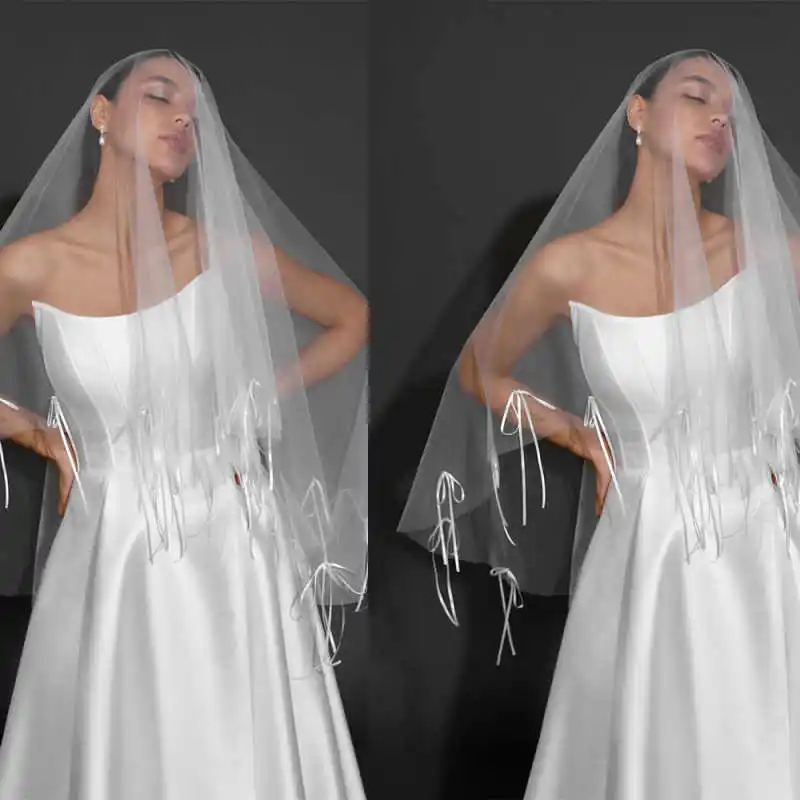 sweety-弓ウェディングベール-1-層頬紅花嫁ベールアップリケエッジストラップレスブライダルドレスアクセサリー用カスタマイズ