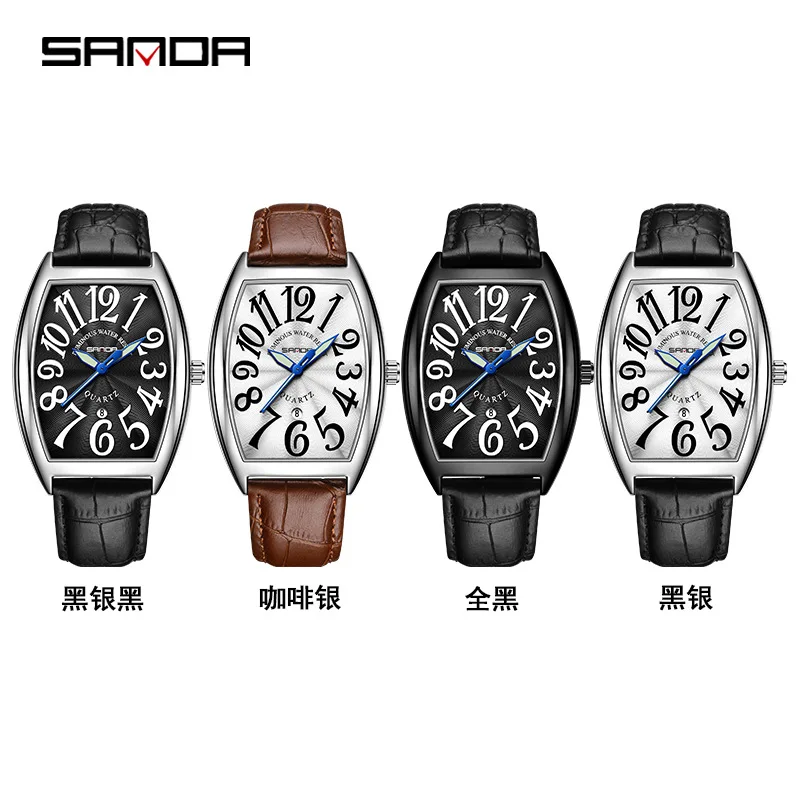 SANDA New Quartz Men's Watch Casual Fashion Simple Design Barrel Shape Dial Genuine Leather Strap Waterproof Business Men Watch