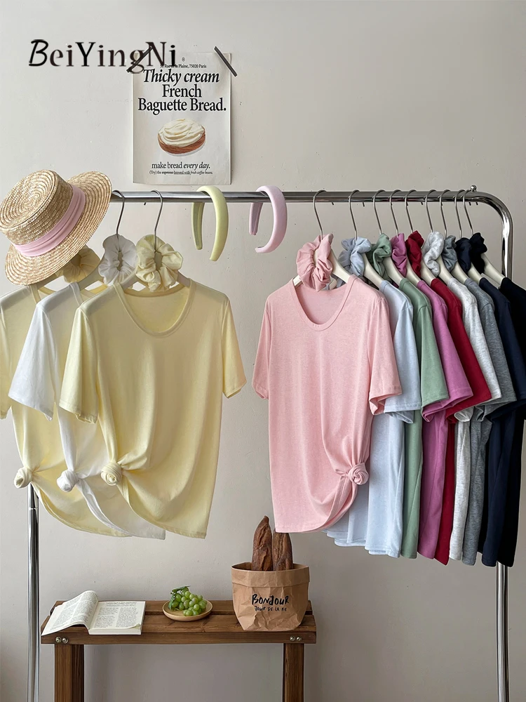 

Beiyingni Korean Loose Female Top With Hair Belt Cotton Casual Summer Women T-shirt Slim All-match Tee Shirts Chic Harajuku Tops