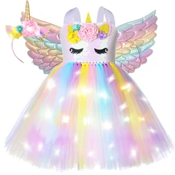 Girls Glittery Pastel Unicorn Costumes Led Lights Little Pony Princess Dresses for Kids Birthday Party Tutus Outfit with Wings