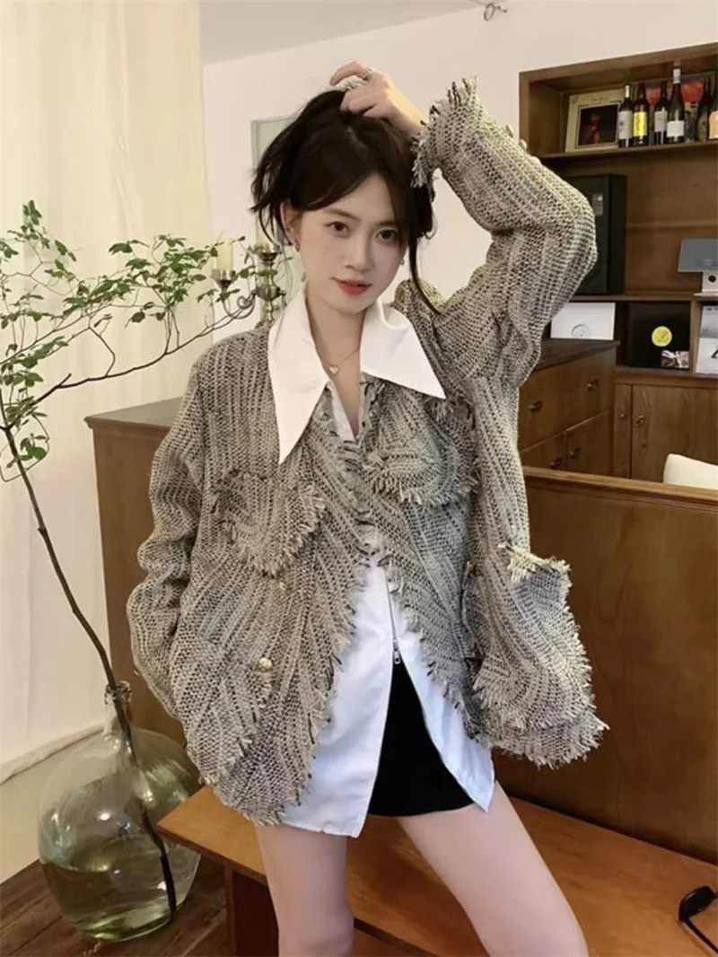 

Coarse Woolen Small Fragrant Style High-end Long Sleeved Jacket for Women's Spring and Autumn 2024 New Tassel Design Unique Top