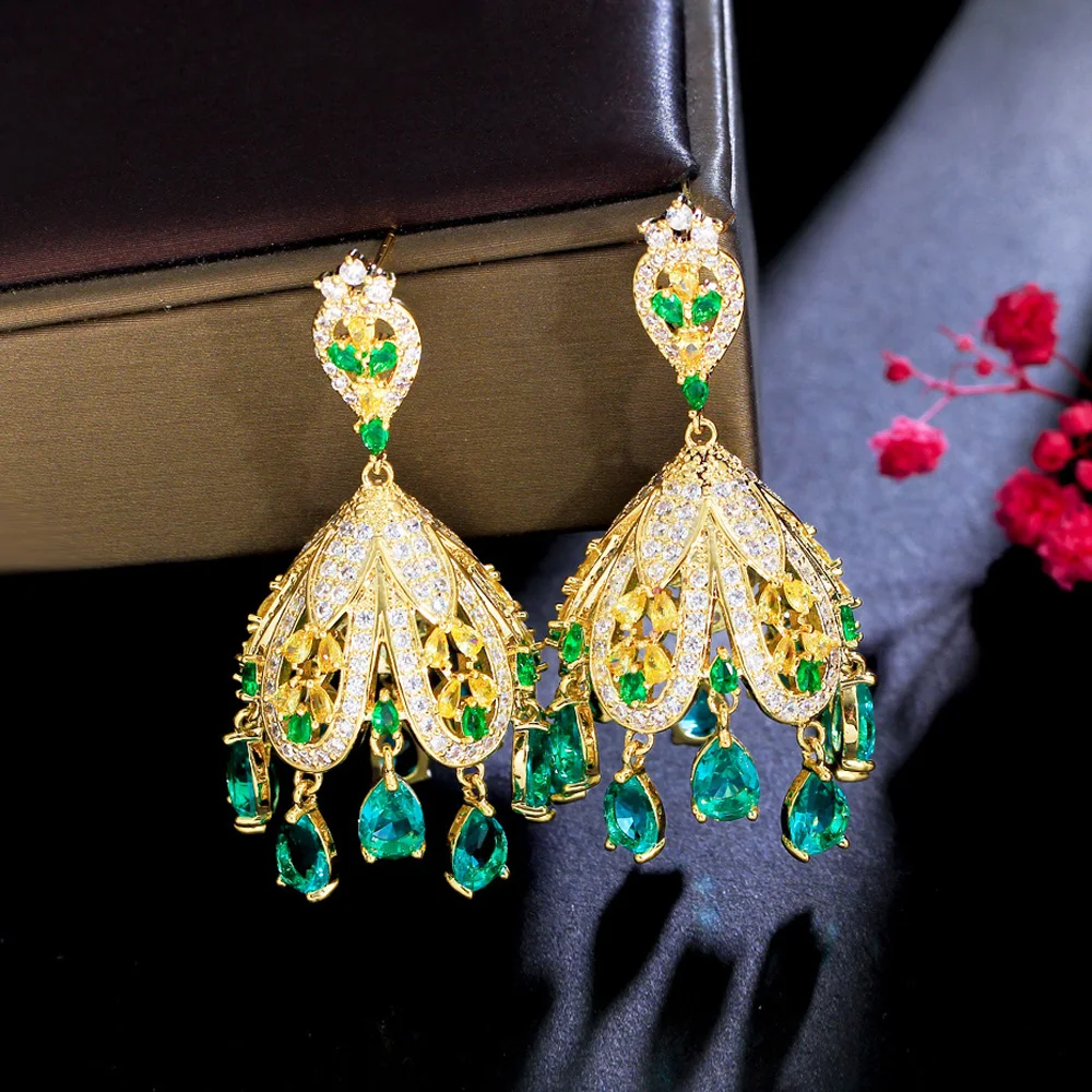 CWWZircons Unique Fringed Green Dangle Drop Chunky Cubic Zircon Gold Plated Big Pageant Earrings Vintage Ethnic Jewelry CZ473