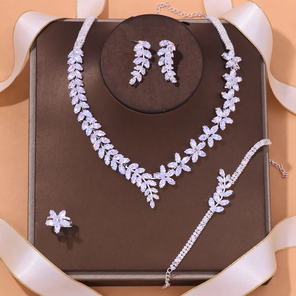 

Zircon Leaf Leaves Necklace Earring Bracelet Ring Set for Women Wedding Accessories Flower Bridal Jewelry Sets Banquet Gifts