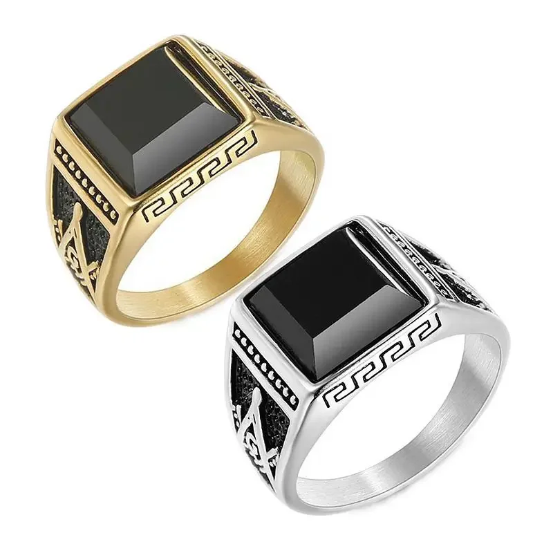 ULJ Waterproof Masonic Stainless Steel AG Ring Alabaster Onyx Noble Casting Ring Creative Ring Men Jewelry