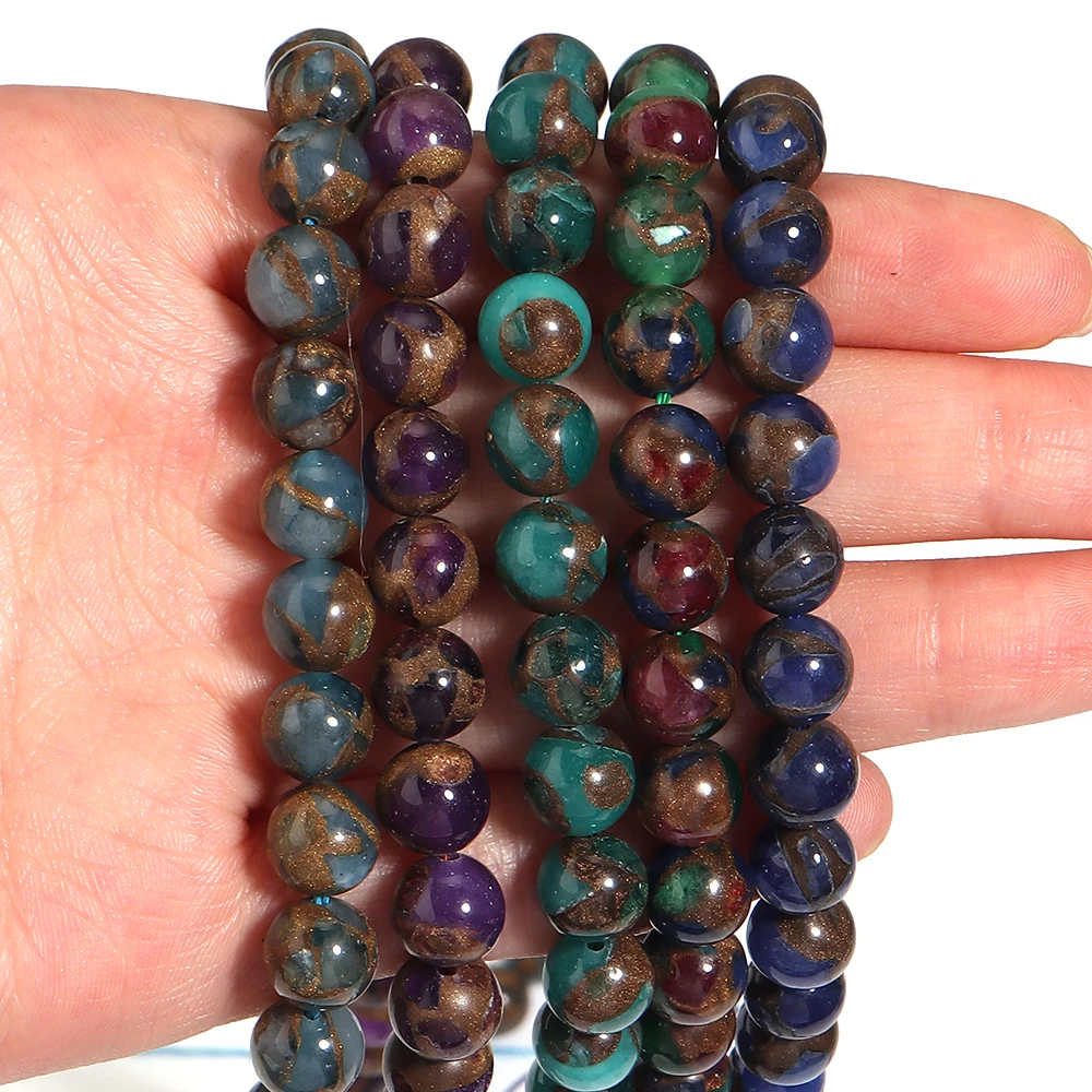 32–90 Stück bunte runde goldfarbene Steinperlen, Natursteinperlen, lose Perlen für die Schmuckherstellung, DIY-Armbänder, Zubehör – Detail 5