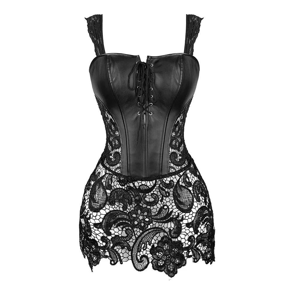 Women\'s Steampunk Gothic Overbust Corset Dress Lace Up Zipper Back Punk Faux Leather Bustier Lingerie Plus Size