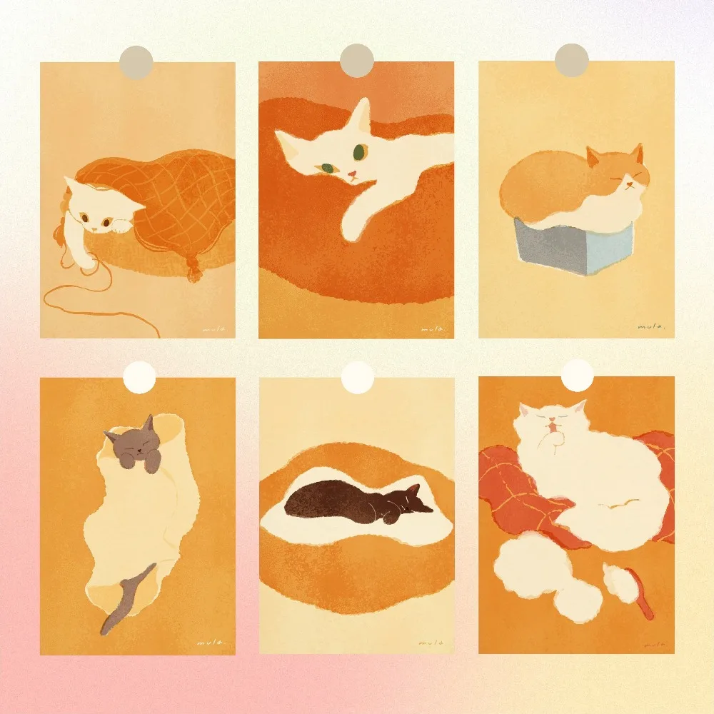 

Cute Sleeping Cat Warm Color Block Frameless Canvas Core Print Abstract Illustration Home Decor Wall Poster for Living Room