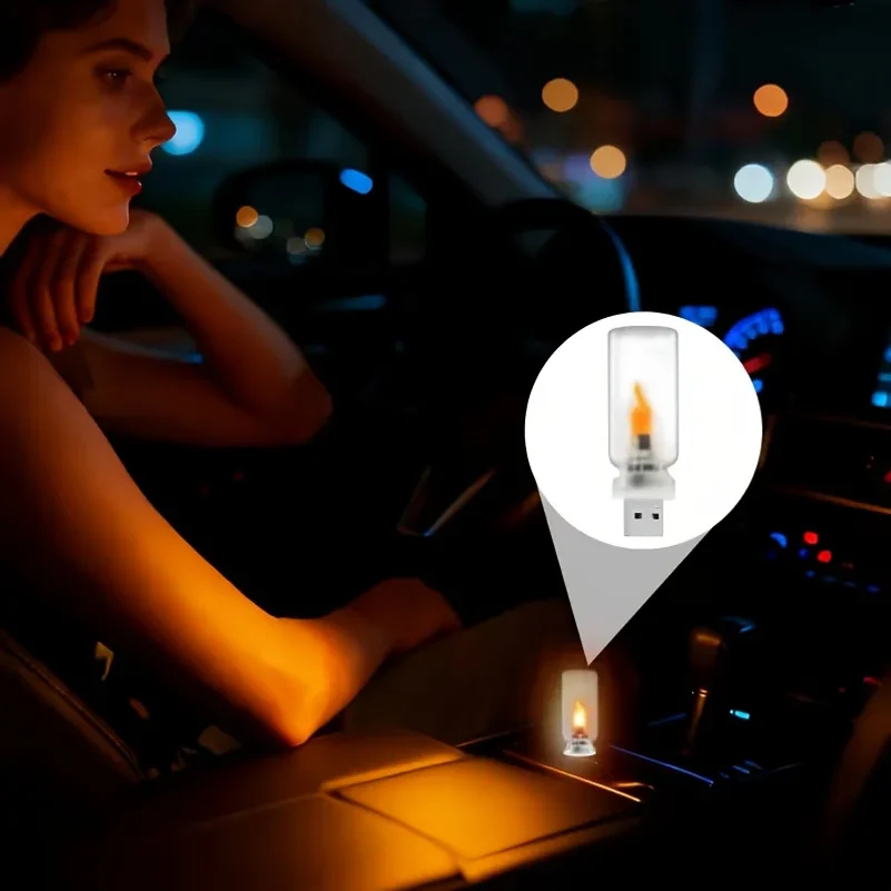 USB LED Flame Type Night Light Frosted Clear Glass Flickering Dynamic Flame Light Flash Mood Lighting for Car Interior Home Lamp
