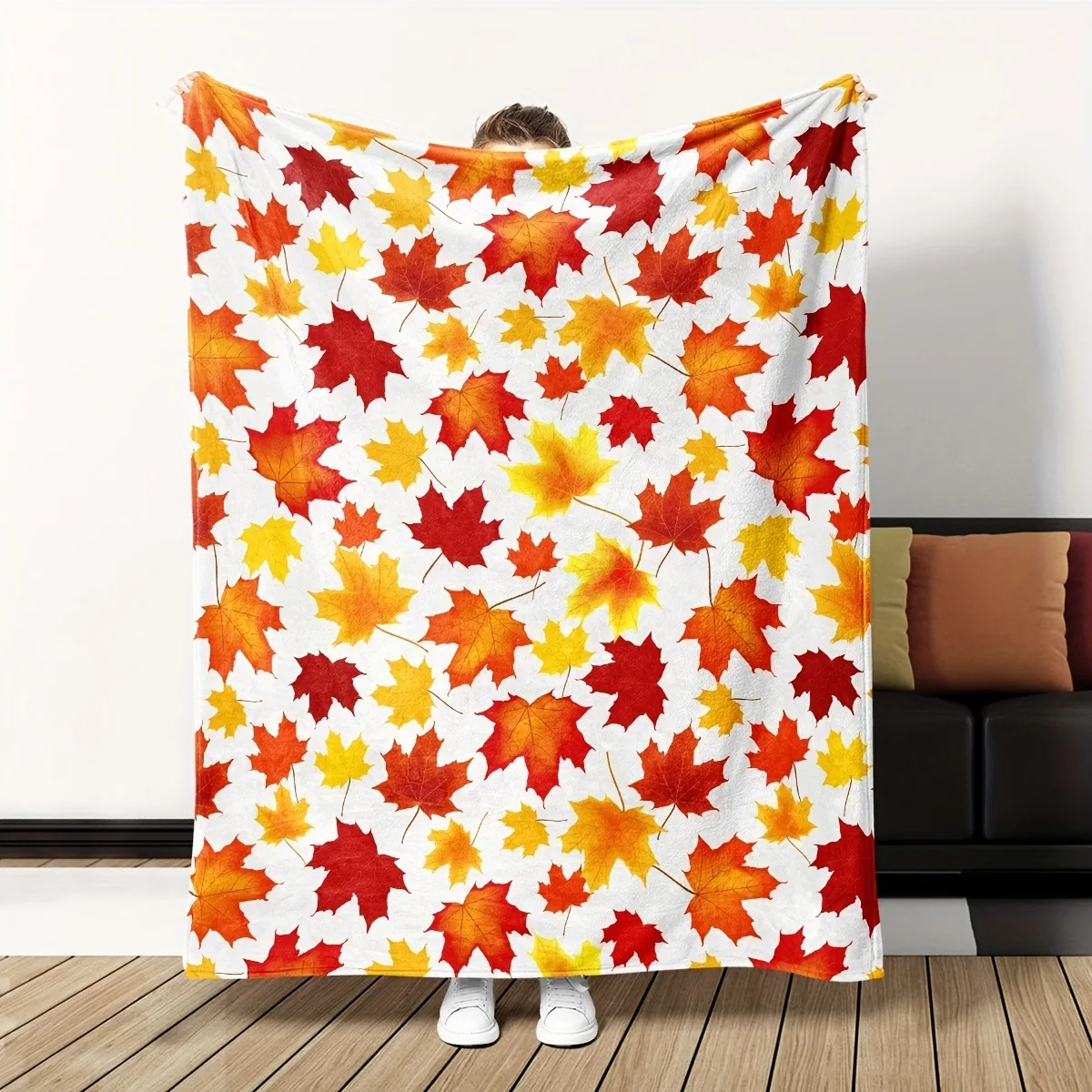 Thanksgiving Day Flannel Blanket Comfortable Warmth Pumpkin and Maple Leaf Print Universal Nap Blankets 100x150/130x150cm