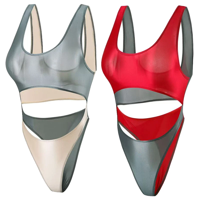 Sexy Gloss Women one-pieces swimwear smooth Shiny Leaking belly swimsuit bodysuit