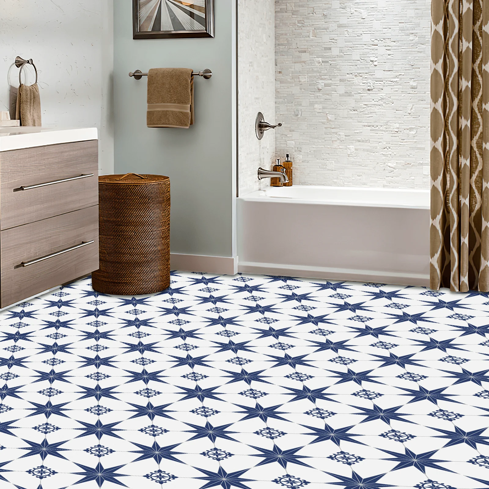 

7.87 in. x 7.87 in. Seamless and smooth finish Blue and White Floor Vinyl Tiles (10-Pack) for US