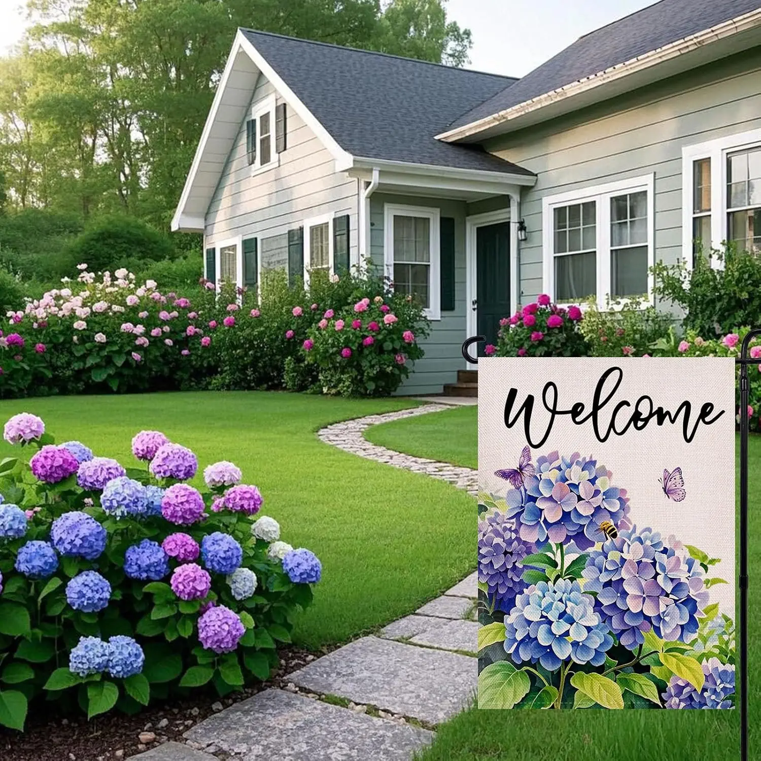 Welcome Hydrangea Flowers Garden Flag 12.5 x 18 Inch Double Sided, Seasonal Spring Summer Yard Outdoor Flag KKW