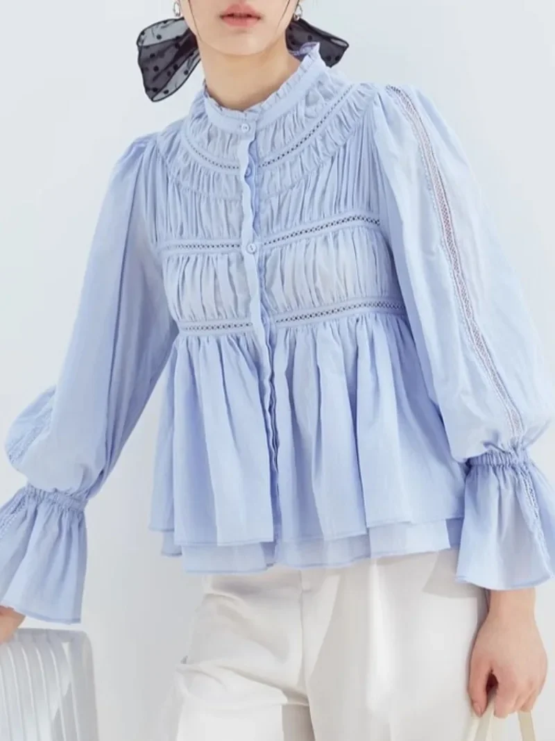 Ruffles Stand Collar Single Breasted Shirts Women Solid Pleated Hollow Out Flare Sleeve Blouse 2024 Spring Summer Chic Camisas