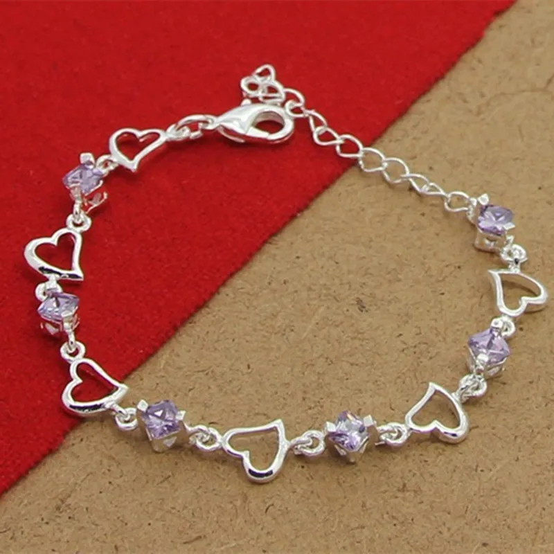 

High Quality 925 Sterling Silver Bracelet Heart Purple Crystal Zircon Bracelet For Woman Party Engagement Jewelry Gift