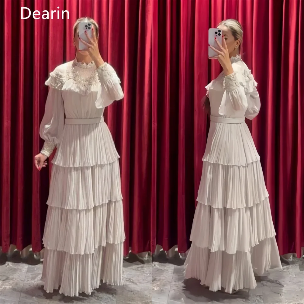 

Evening Gown Prom Saudi Arabia Dearin Jewel A-line Floor Length Layered Tulle Lace Print Bespoke Occasion Dresses Formal Dress