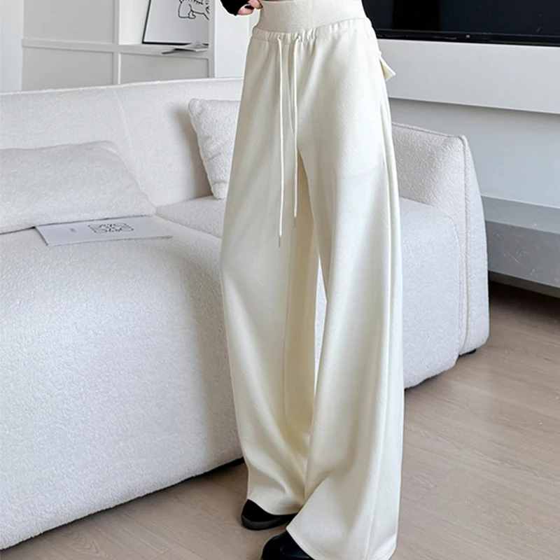 Spring Autumn American Solid Lace Up Sweatpants Woman Casual Elastic Waist Pants for Women Pockets Wide Leg Pants Female