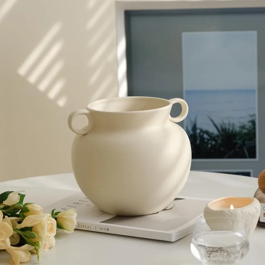 

Round-Shape with Ear Wide Mouth Vase, Honey Pot-Shaped Decorative Plant Pot, No Drainage Hole Crème