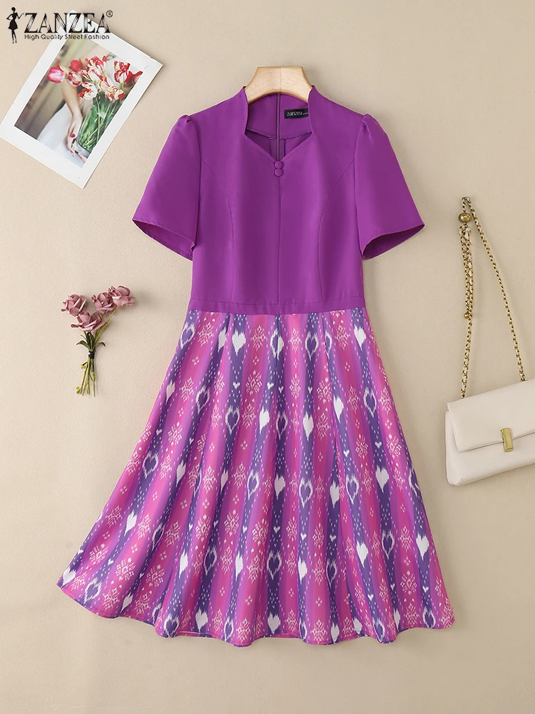ZANZEA Vrouwen Stijlvolle Feestjurk Elegante Werkjurken Met Korte Mouwen Vierkante Hals Patchwork Vestidos Zomer Gedrukt Zonnejurk