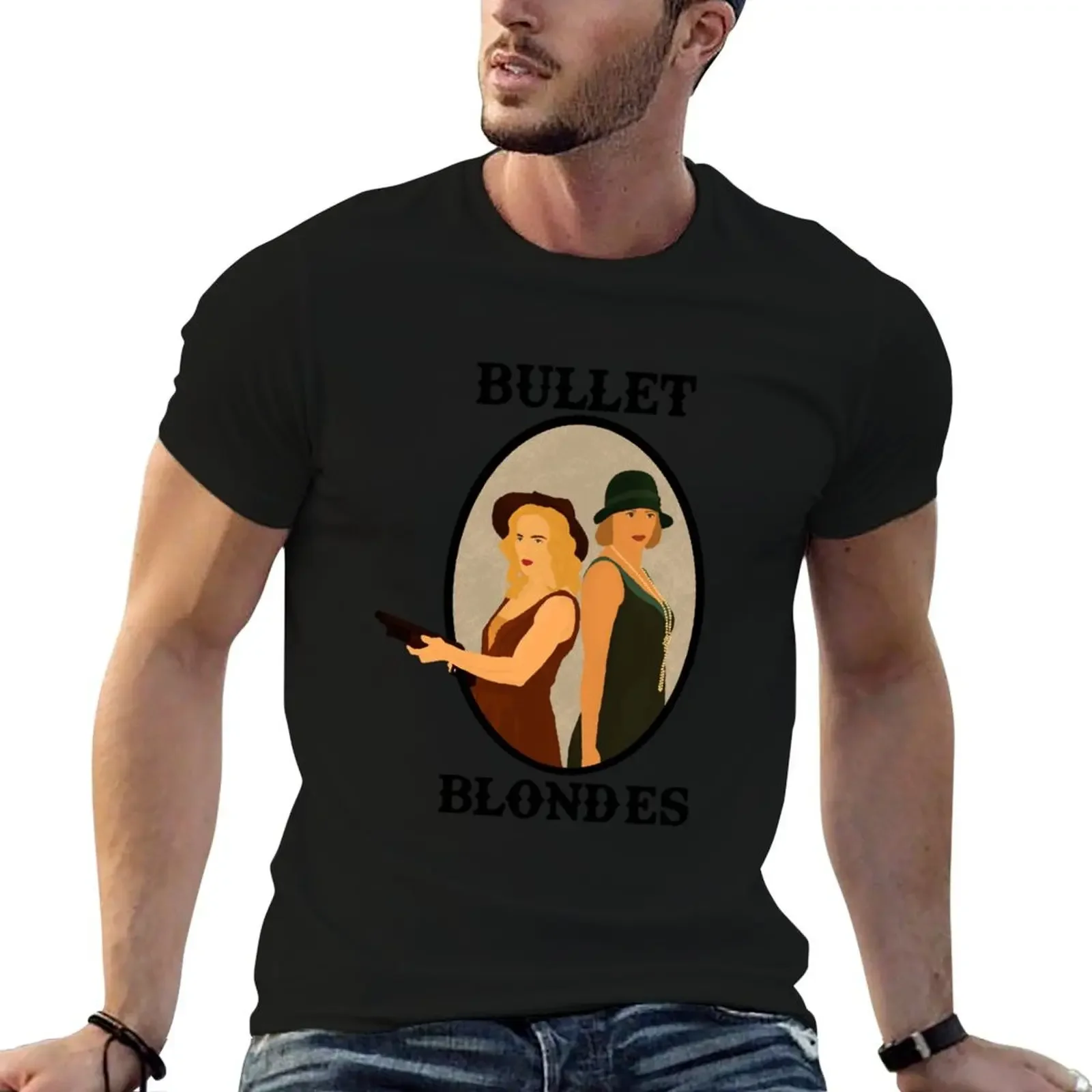 เสื้อยืด Bullet Blondes ศุลกากรออกแบบเสื้อผ้าอะนิเมะวินเทจของคุณเองสวมเสื้อยืดสีขาวธรรมดาผู้ชาย