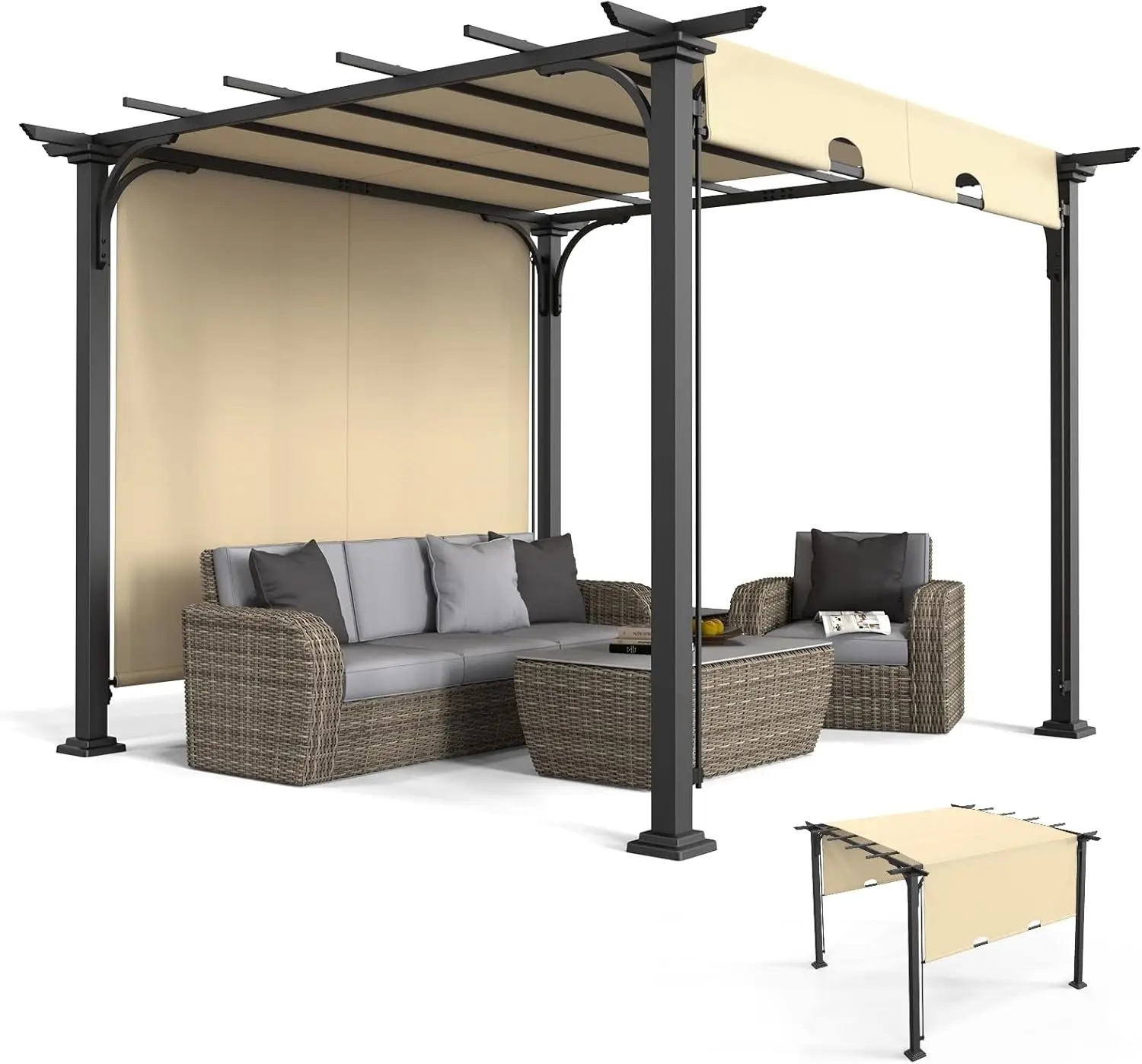 10’x 10' Outdoor Pergola Aluminum Retractable Pergola Canopy with Adjustable Roof, Patio Pergola for Deck, Porch, Garden, Yardn