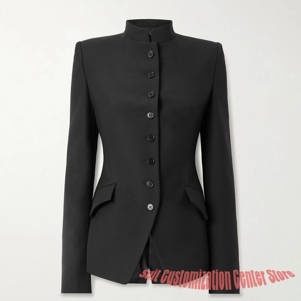 

Elegant Women's Jacket Slim-Fit Black One Piece Mandarin Collar Single Breasted Blazer Modern Professional Attire