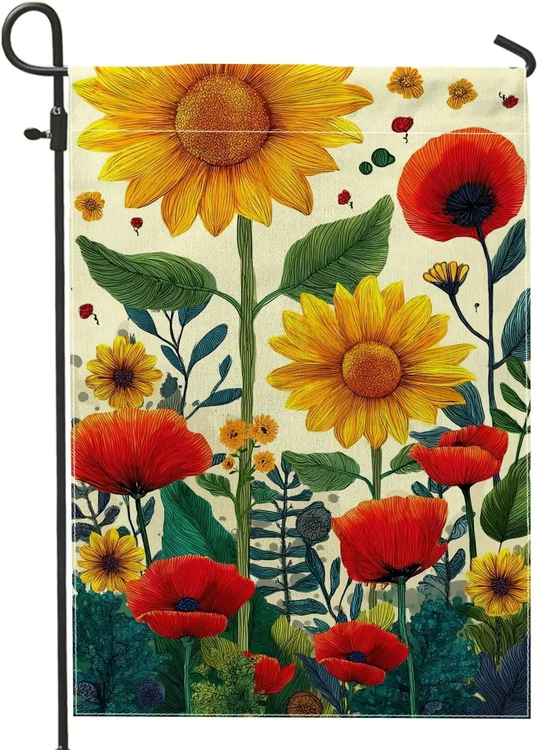 Summer Floral Garden Flag, Yellow Sunflower Red Poppy Outdoor Decor Banner, Double Sided Burlap Yard Flag for Home Lawn Deco uui