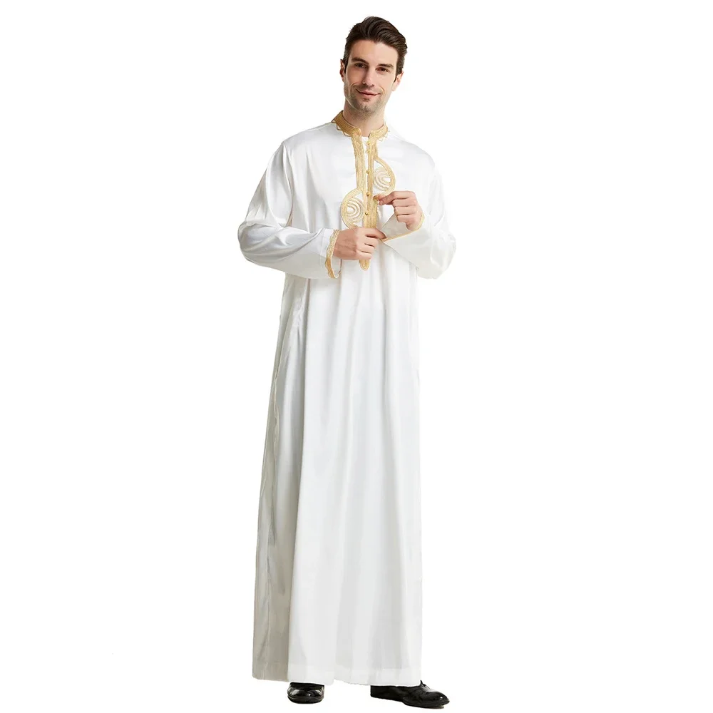 Embroidery Ramadan Thobe for Men Saudi Muslim Stand Collar Long Sleeves Islamic Robe Arabic Kaftan Thawb Dubai Long Abaya Caftan