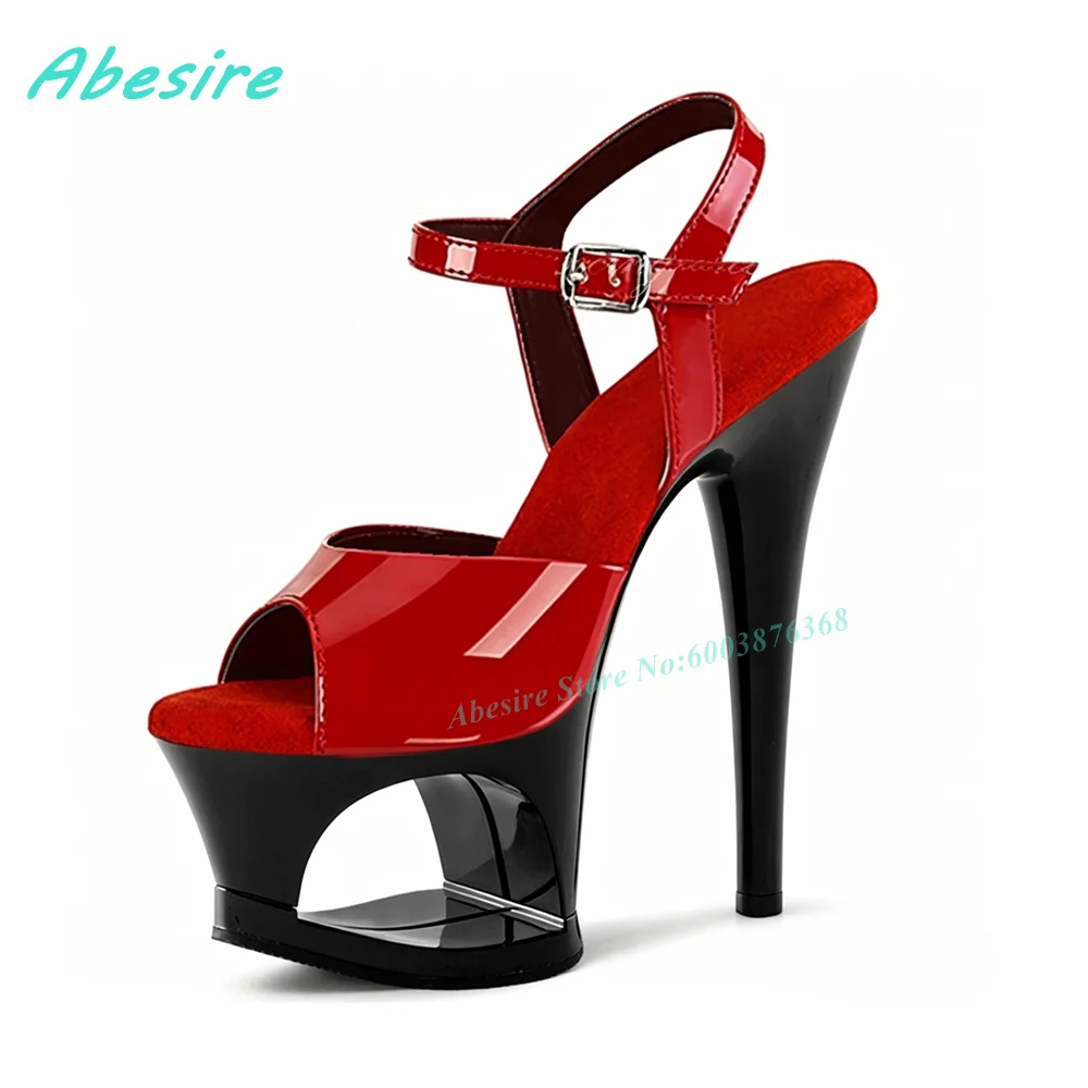 

17Cm Red Patent Cut-Out Platform Women's Sandals Open Toe Ankle-Strap Pole Dance Sandals Spicy Girls Sexy Nightclub Stage Shoes