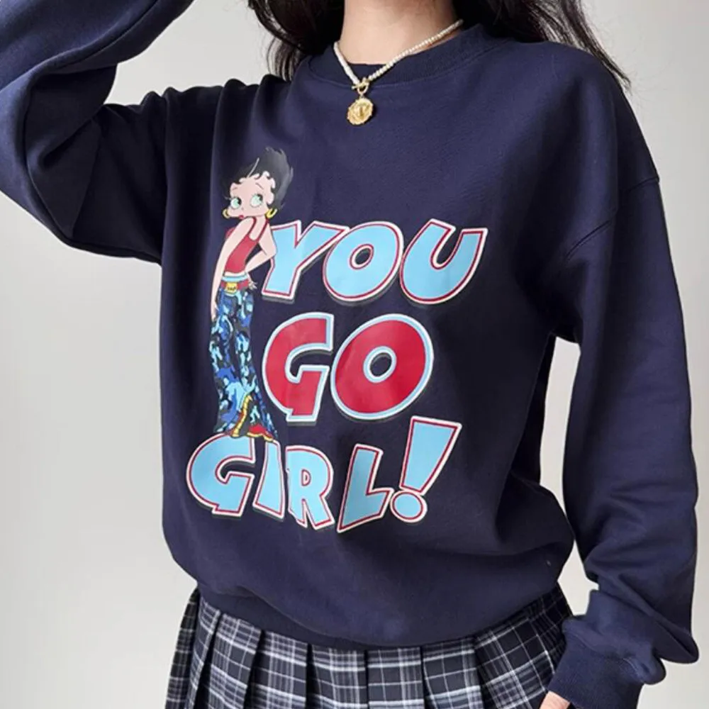 You Go Girl Cartoon-bedrucktes Rundhals-Sweatshirt in Marineblau, Herbst, langärmelig, lockerer, dicker, warmer Pullover, feministischer Pullover im Vintage-Stil