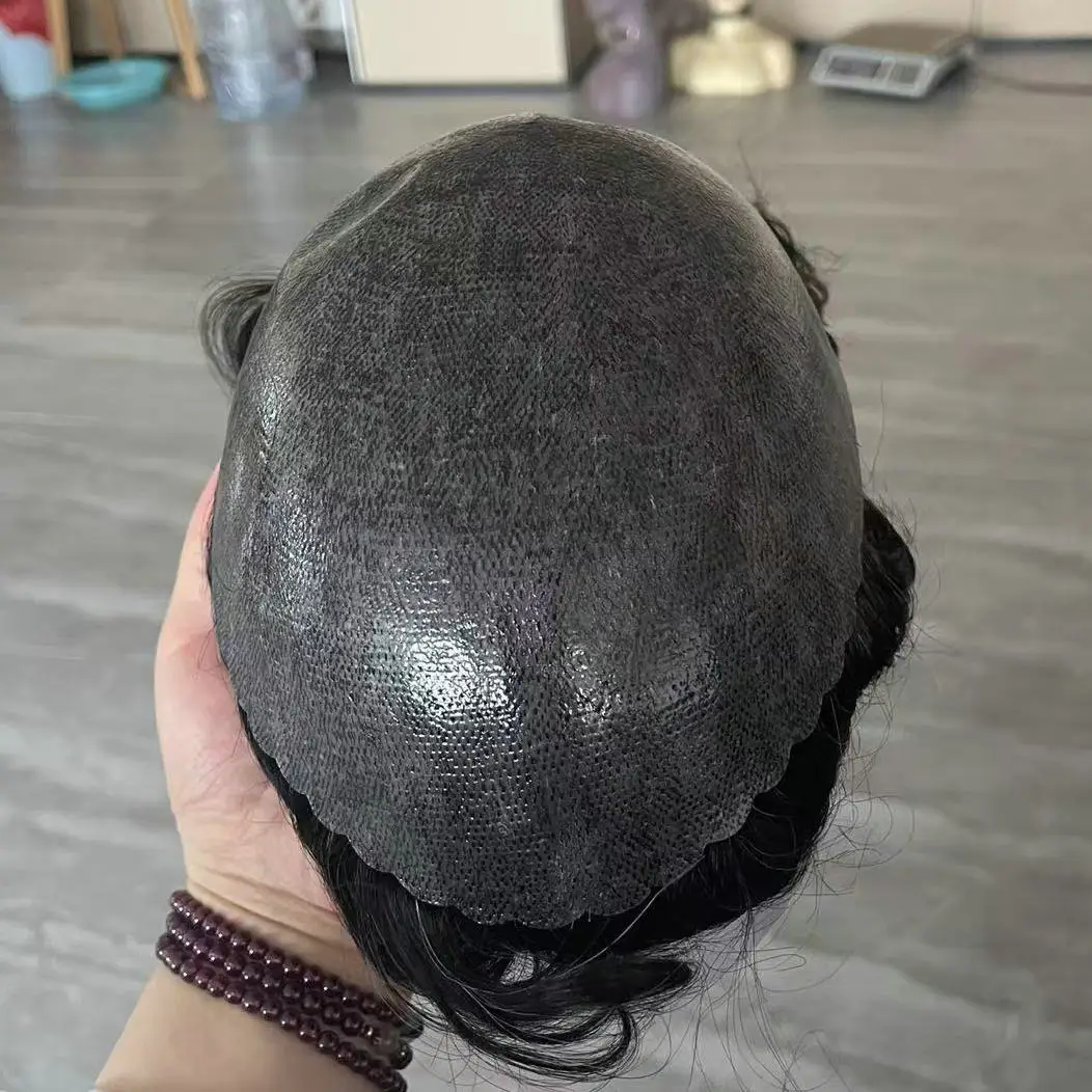 Natürliche Haarlinie Herren-Toupet Dunkelbraunes Echthaar Langlebige Dünne Haut PU-Basis Männliche Perücken Grau Schwarz Haarsystem Prothese – Detail 6