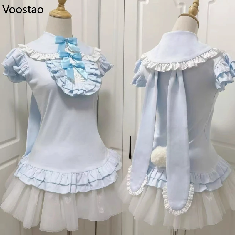 

Japanese Sweet Lolita Blouses Women Kawaii Bow Peter Pan Collar Rabbit Ears Cute Shirts Y2k Aesthetic Fairy Lolita Tees Tops