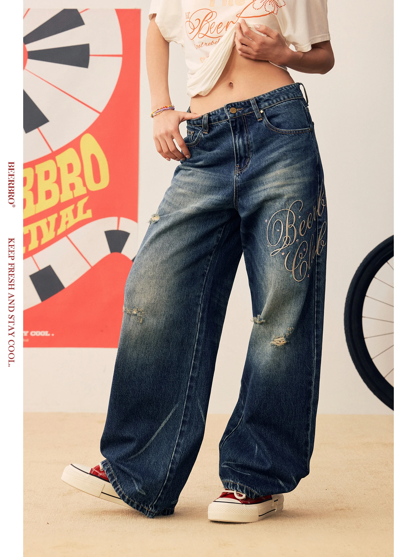 

Джинсы BeerBro с пайетками и вышивкой, свободные, прямого кроя, женские, для фестивалей, повседневные, хлопковые, с низкой талией, на пуговицах, однотонные