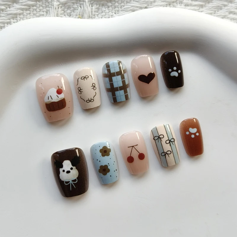 10Pcs Korean Style Cute Bear and 3D Bowknot Half Handmade Press on Nails INS Trend Lovely Blue Plaid Nail Patch Fake Nails view 5