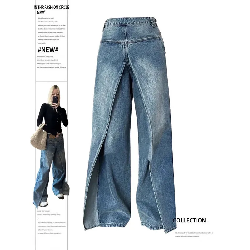 Women Blue Jeans Y2k Vintage High Waist Baggy Cowboy Pants Aesthetic Harajuku Denim Trousers 90s Trashy Emo 2000s Grunge Clothes