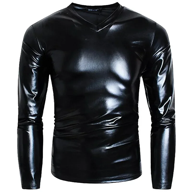 Men's Sexy Glossy PU Leather Long Sleeve Top Clothing Male V-Neck High Shaping Faux Latex PVC Elastic Slim T-shirts New Custom