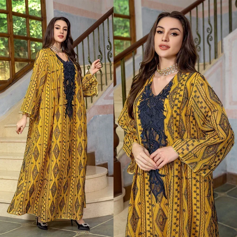 Sequins Embroidery Abaya Muslim Maxi Jalabiya Arabic Party Evening Dress V Neck Robe Long Sleeves Light Luxury Loose Gown Women