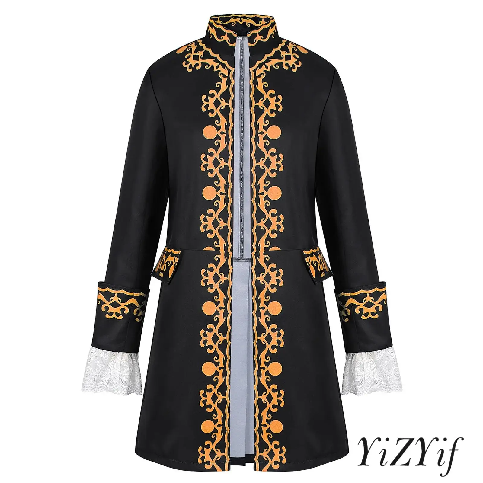 

Mens Halloween Colonial Military Jackets Stand Collar Long Sleeve Vintage Print Open Front Pleated Tailcoat Dress-up Outerwear