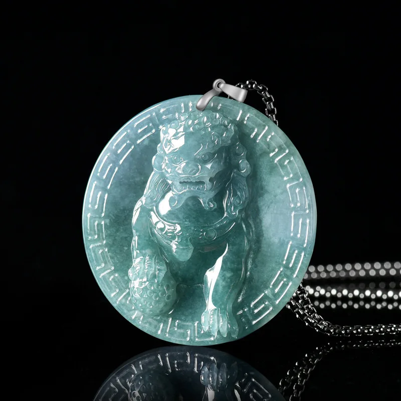 

Burmese Jadeite Lion Pendant Necklace Real Jade Accessories Designer Fashion Vintage Carved Amulet Talismans Lucky