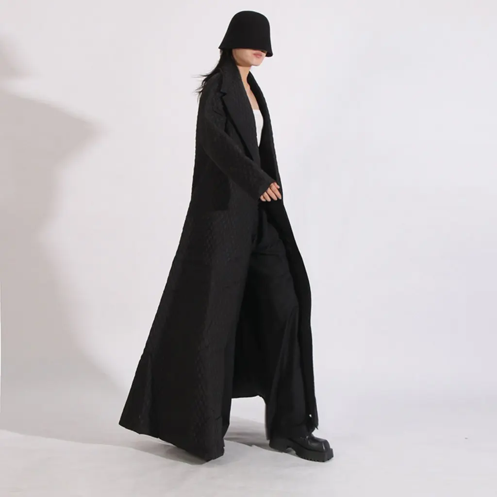 

Women's High-End Rhombus Crimped Long Windbreaker Jacket European American Street Fashion Style Autumn New