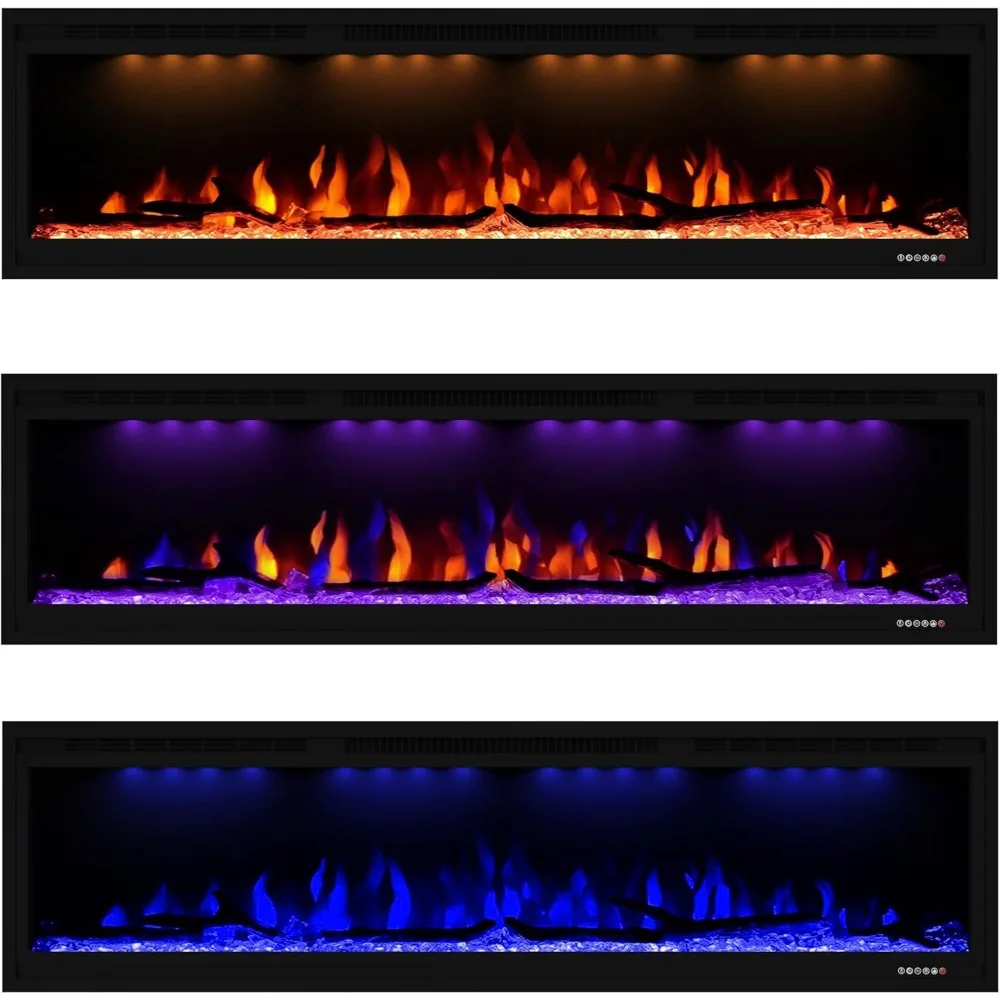 Luxurious Electric Fireplace, Wall Mounted&in Wall Recessed Fireplace Heater, Adjustable Flame Color & Top Light