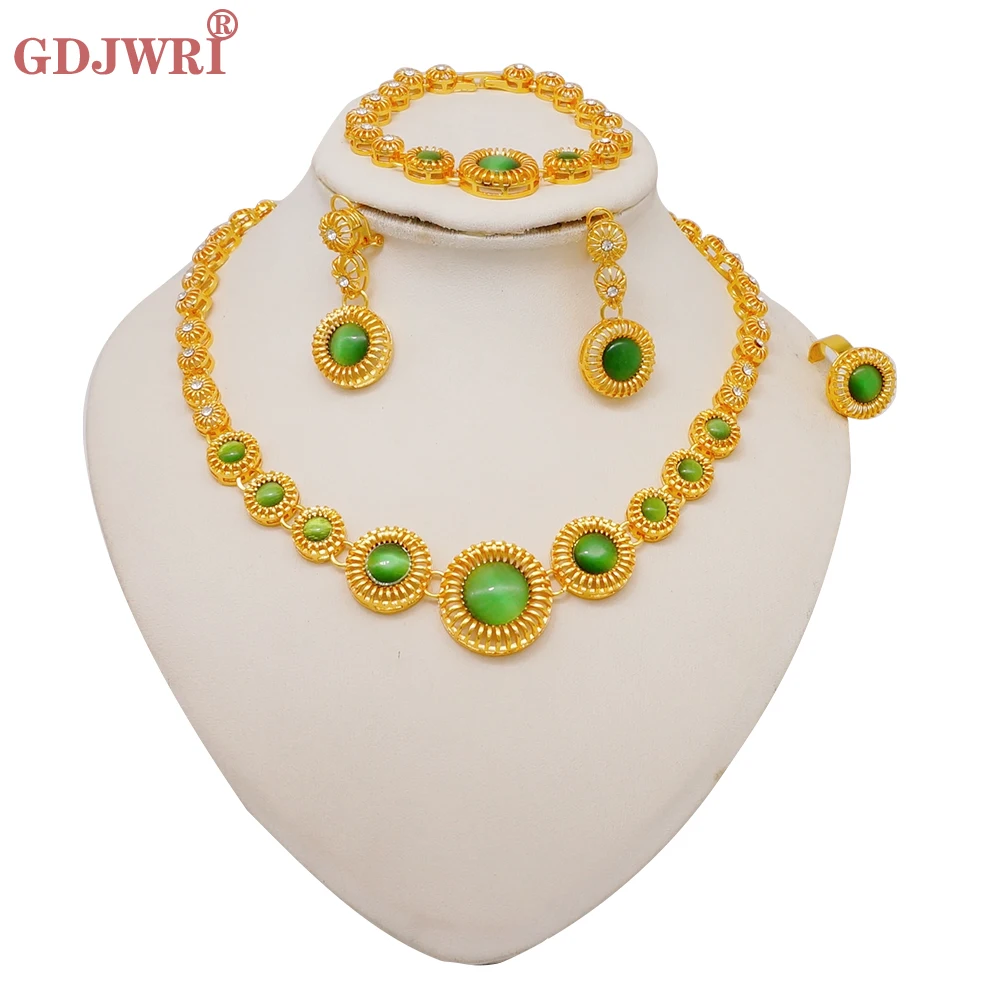 

Dubai Gold Color Jewelry Sets Indian Italy Round Multicolor Rhinestone Necklace Earrings Set For Women Jewelelry Accessories