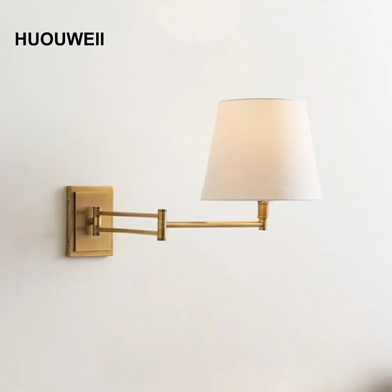 Full Copper Wall Lamp Bedroom Bedside Telescopic Swing Arm Fabric Lamp Living Room Background Bathroom Front Mirror Wall Lamp