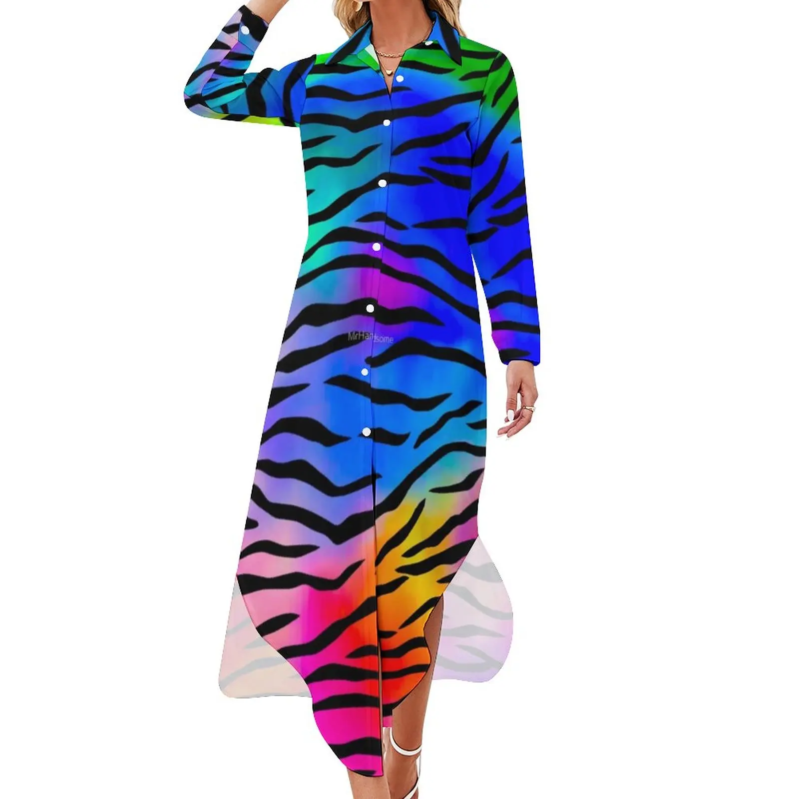 Tiger Stripes Chiffon Dress Abstract Line Print Retro Dresses Female Long Sleeve Street Fashion V Neck Oversized Casual Dress